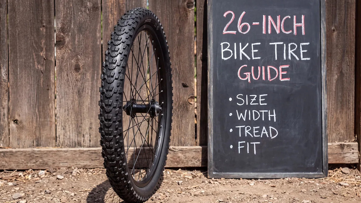 A bicycle wheel with a knobby tire stands beside a chalkboard sign listing tire size, width, tread, and fit.